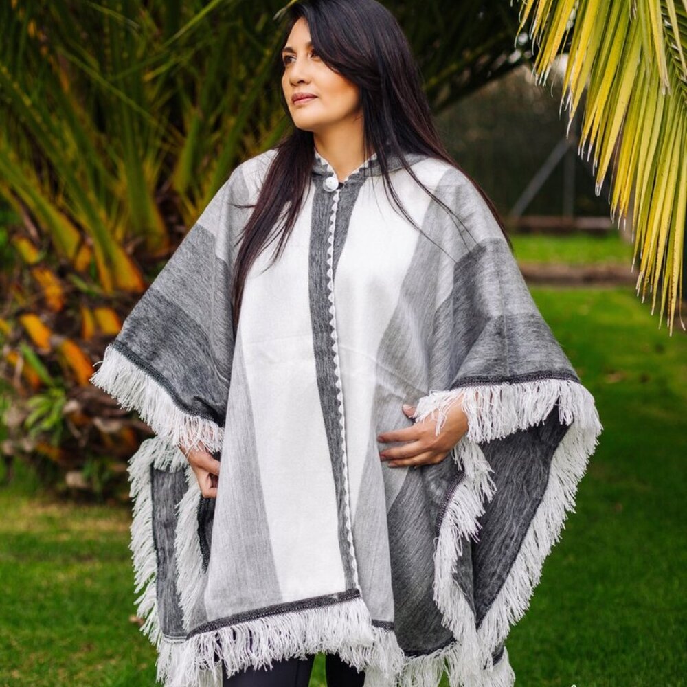 Handmade Baby Alpaca Wool Striped Hooded Cape Poncho Shawl 1 Button with Fringe